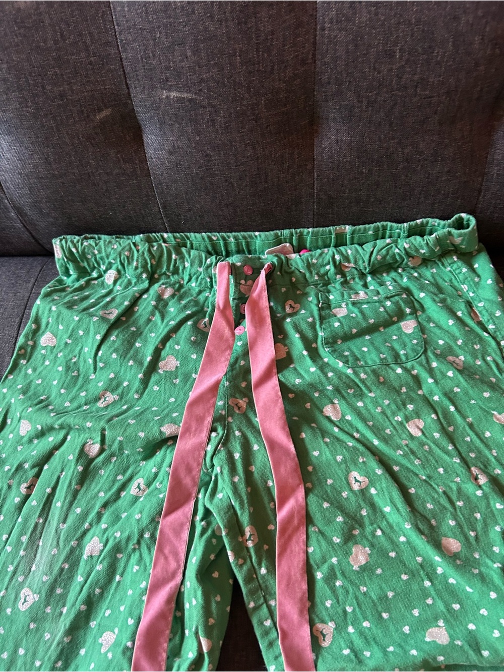 Pink/Victoria’s Secret Green Heart Print Pajama Pants with Pink Tie